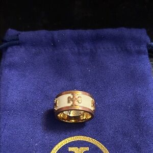 Tory Burch Gold and White Logo Enamel Ring, Size 6